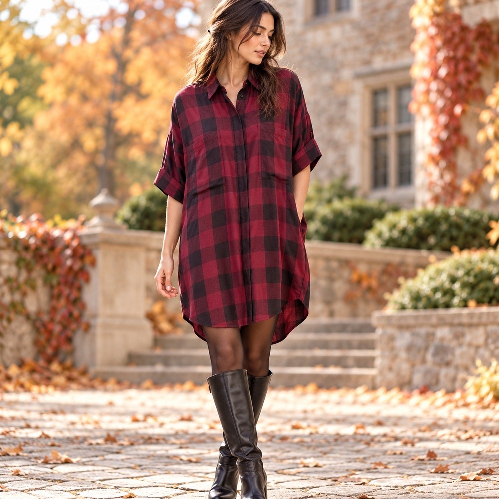 Madewell Mini Shirtdress Buffalo Check Burgundy Black 90s Grunge Modern Preppy L